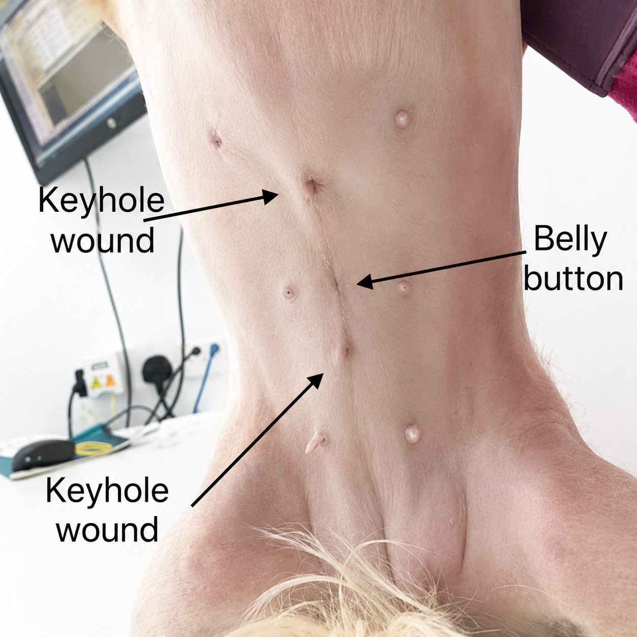 Two small keyhole wounds on a dog's clipped abdomen