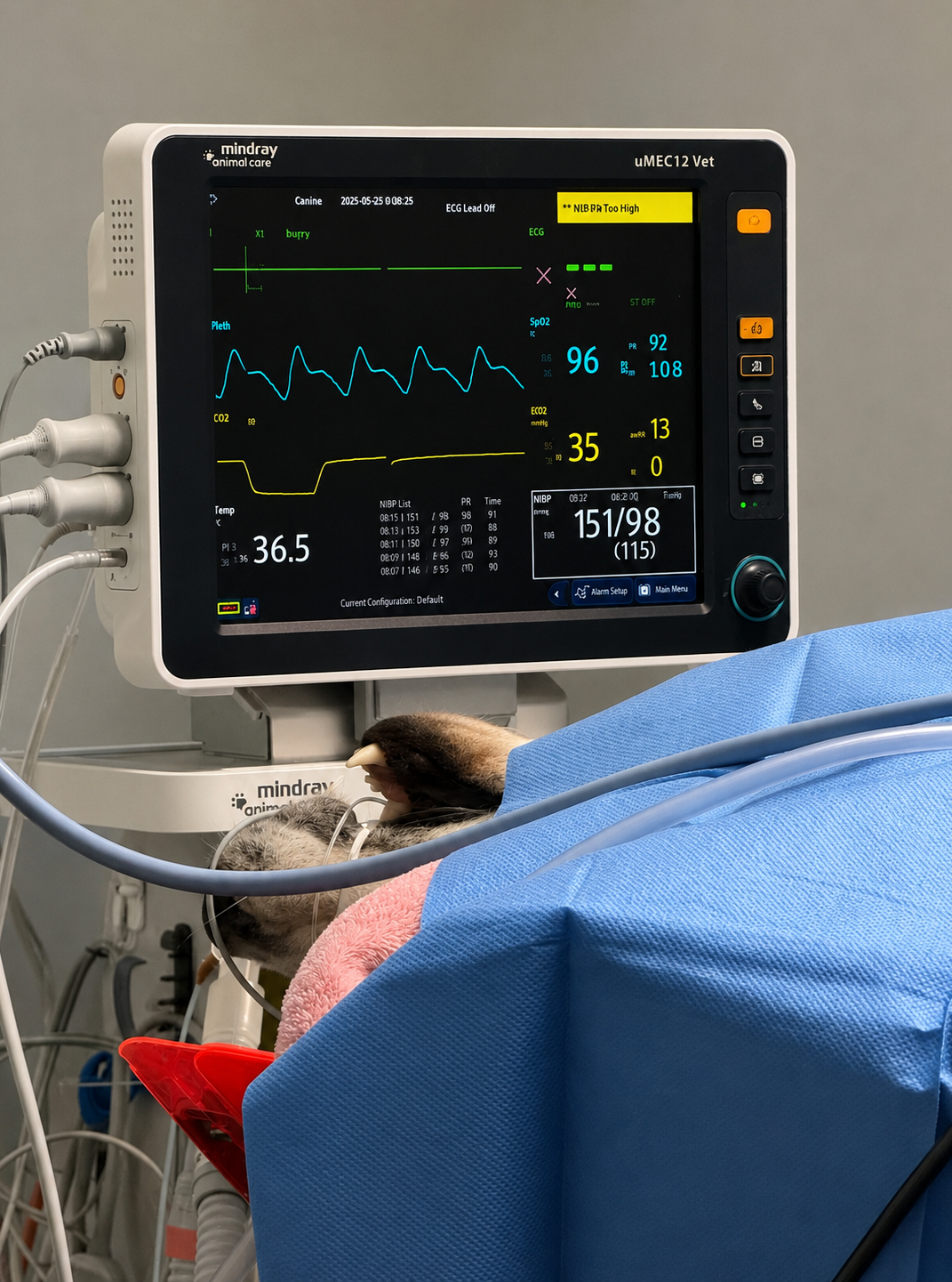 Anaesthetic monitor beside a dog under anaesthesia